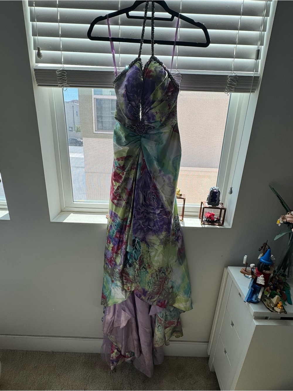 Jovani Multi-Color Floral Halter Prom Gown in Lavender and Green